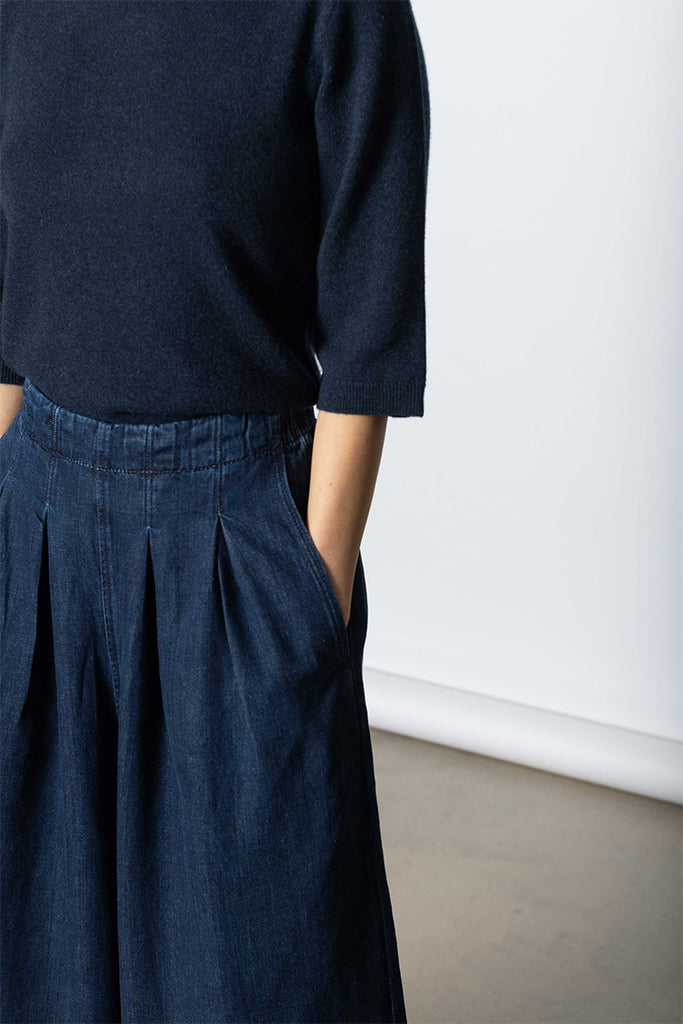 Indigo Denim Pull On Cropped Trousers