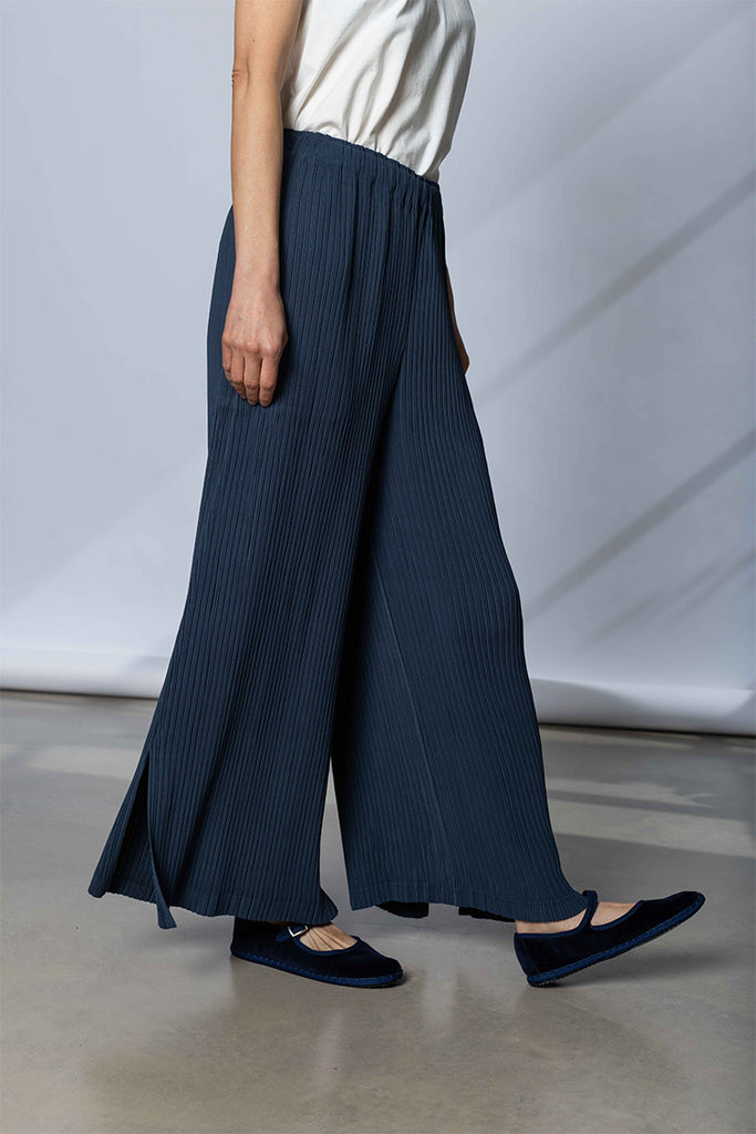 A model wearing high-waisted, wide-leg pleated trousers in navy blue, paired with a cream top and navy flats, shown from the waist down against a light gray studio backdrop.