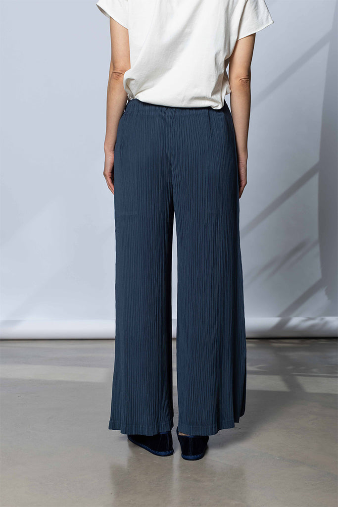 A model is shown from the back wearing high-waisted, wide-leg pleated trousers in a deep navy blue, paired with a white top and black shoes.
