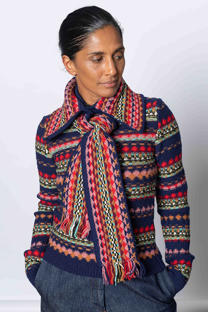 Jacquard Wool Scarf - Navy