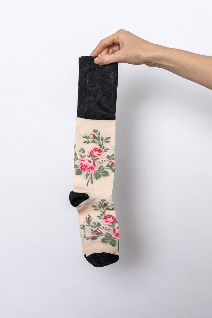 Knee High Rosebud Jacquard Socks - Black/Cream