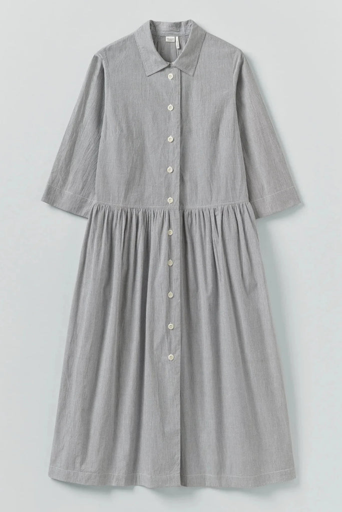 Fine Stripe Cotton Shirt Dress - Ecru/Slate