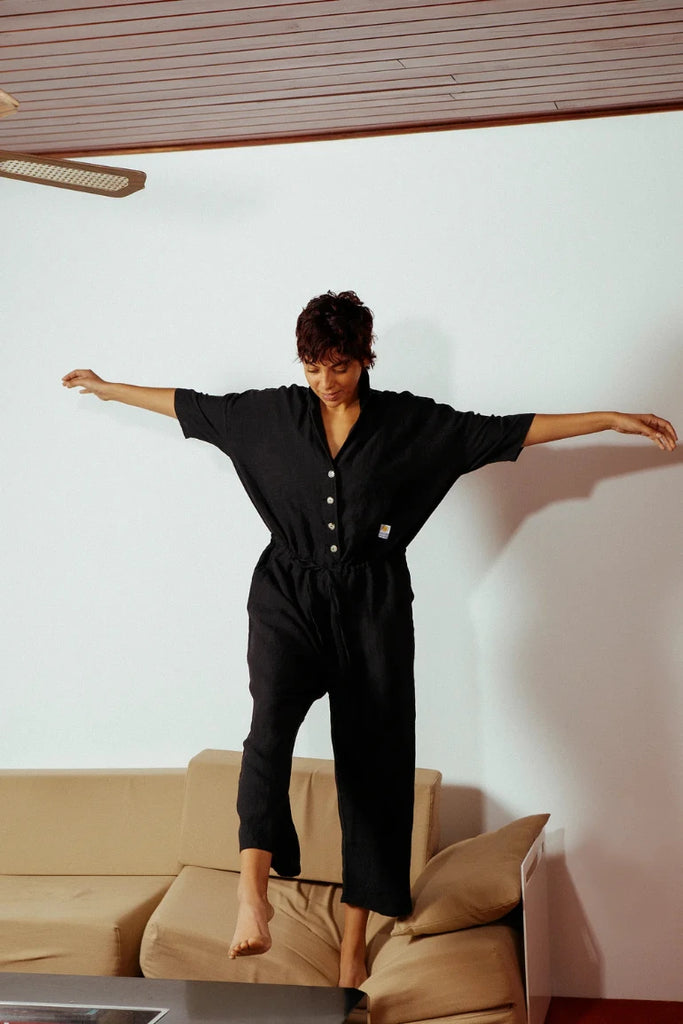 LF Markey jumpsuit with short sleeves and button front.