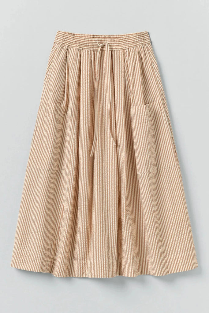 Stripe Cotton Seersucker Patch Pocket Skirt - Terracotta/Ecru
