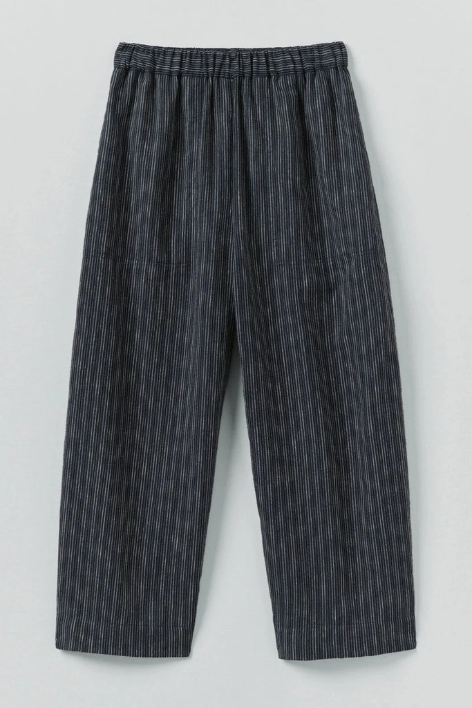 Stripe Linen Cotton Barrel Leg Trousers - Shadow Blue/Black