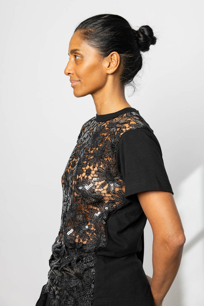 Lace Front T-Shirt Blouse - Black