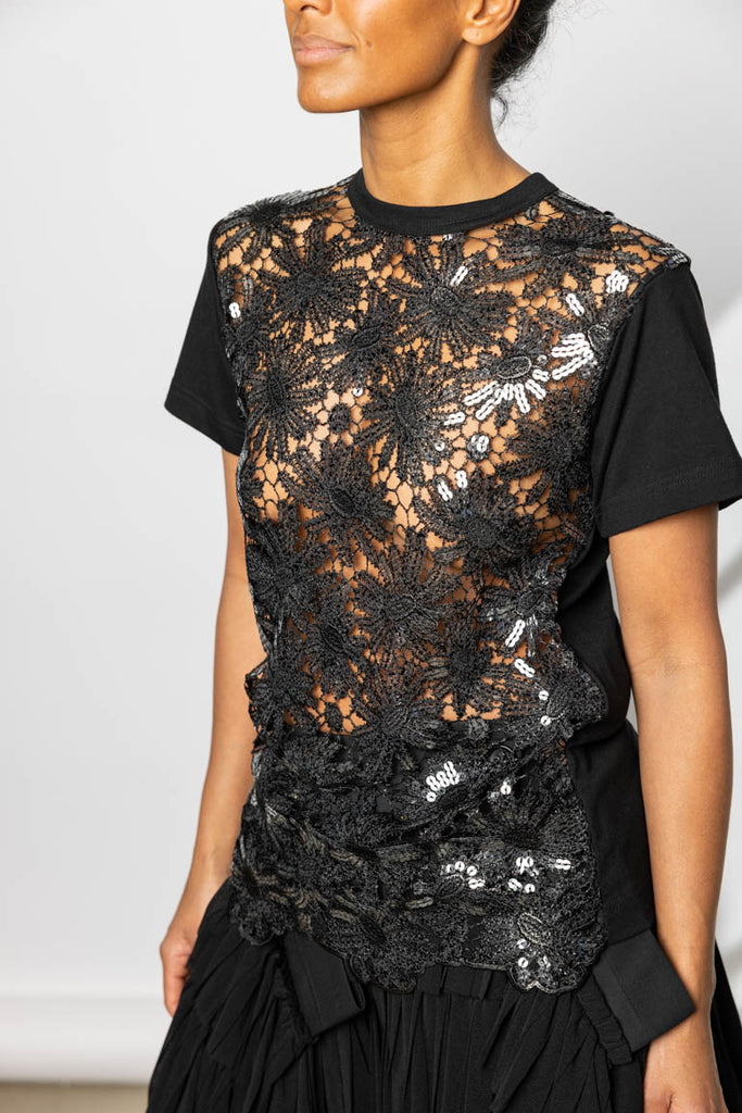 Lace Front T-Shirt Blouse - Black