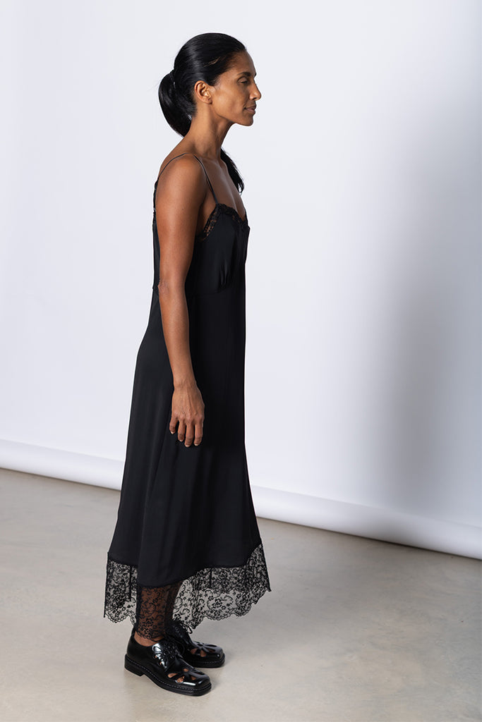 Lace Trim Slip Dress - Black