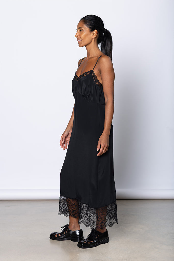 Lace Trim Slip Dress - Black