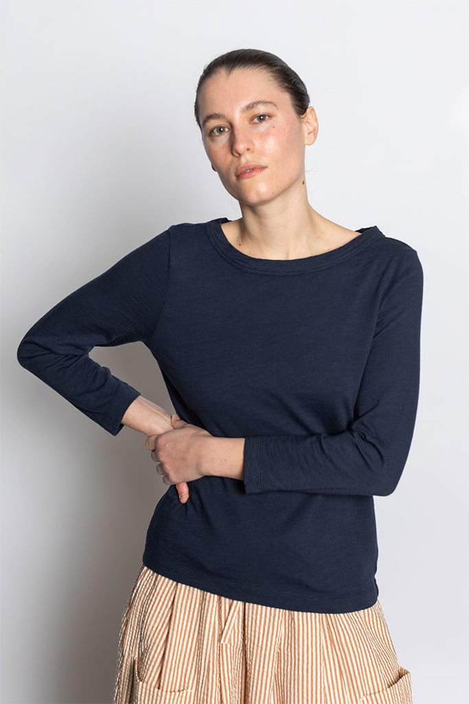 Lia Garment Dyed Boat Neck Tee - Dark Navy