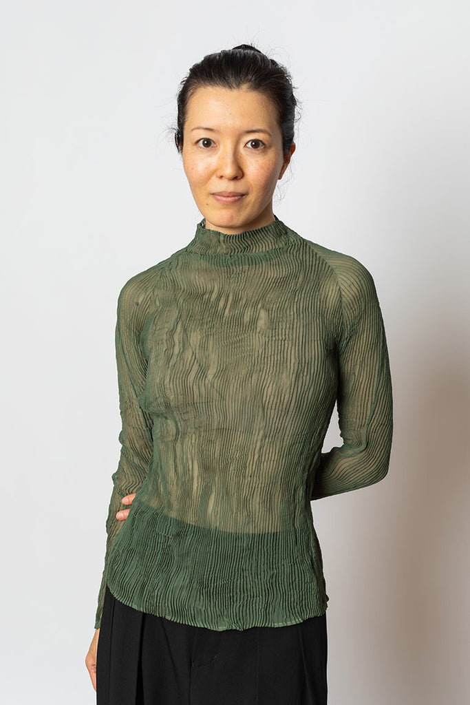 Long Sleeve Chiffon Twist Top - Night Green