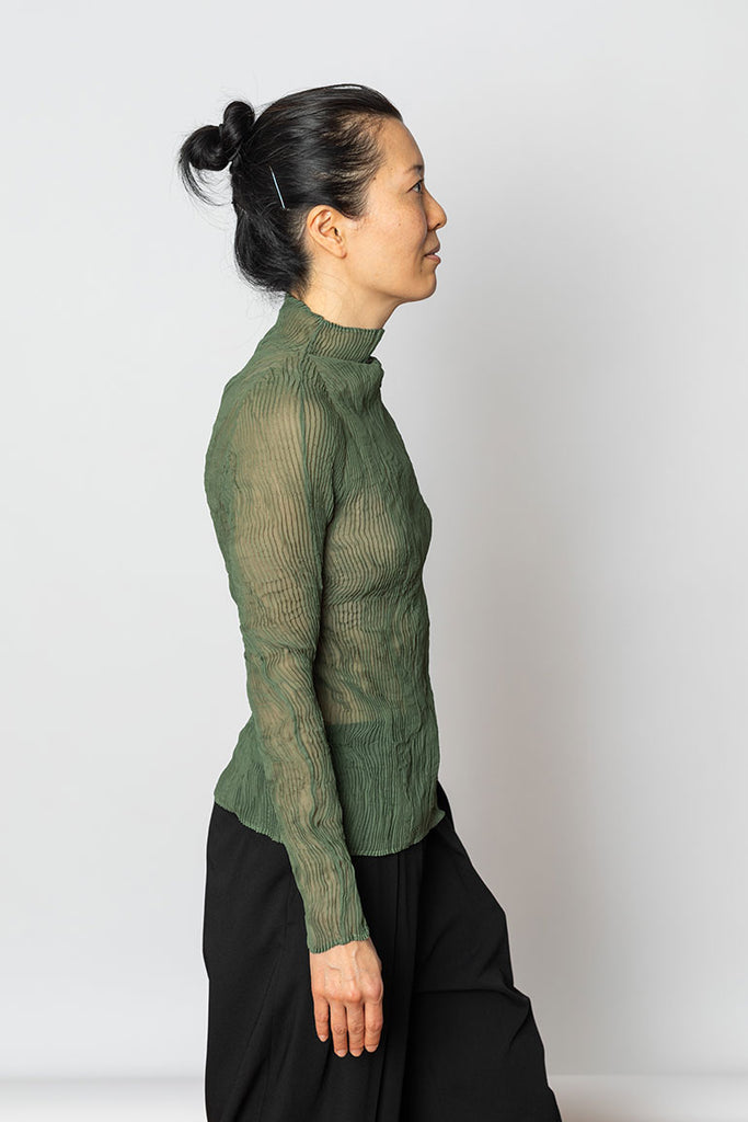 Long Sleeve Chiffon Twist Top - Night Green