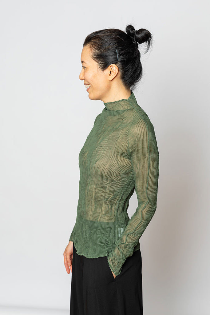 Long Sleeve Chiffon Twist Top - Night Green