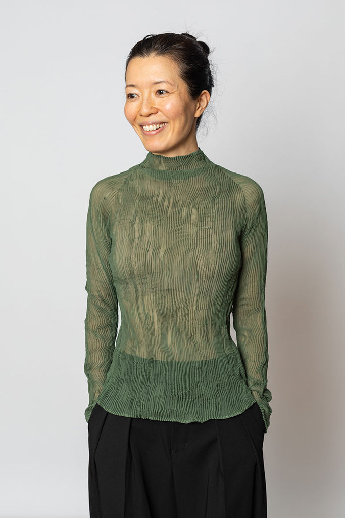 Long Sleeve Chiffon Twist Top - Night Green