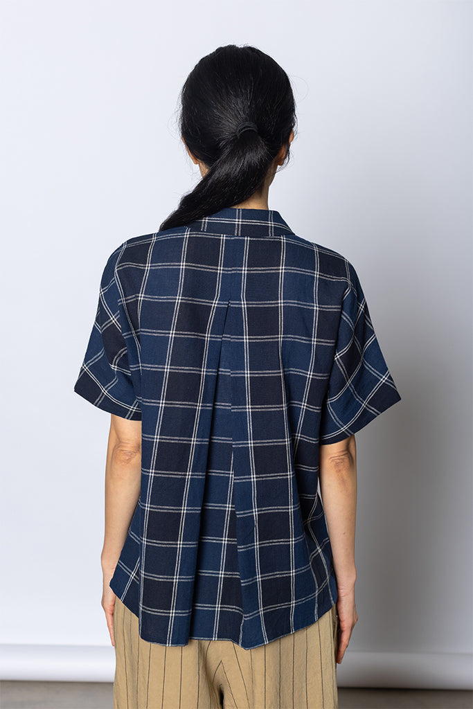 Market Check Cotton Linen Shirt - Denim Blue