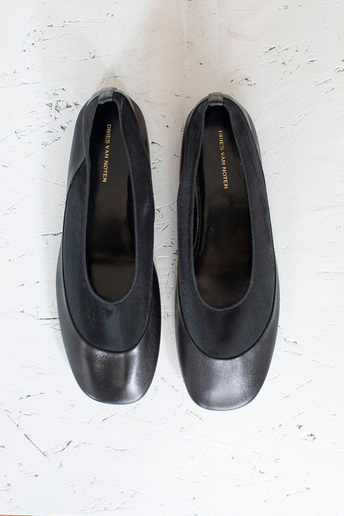 Mesh Trim Leather Ballet Flat - Black