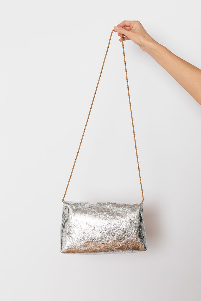 Metallic Crushed Leather Envelope Clutch - Silver