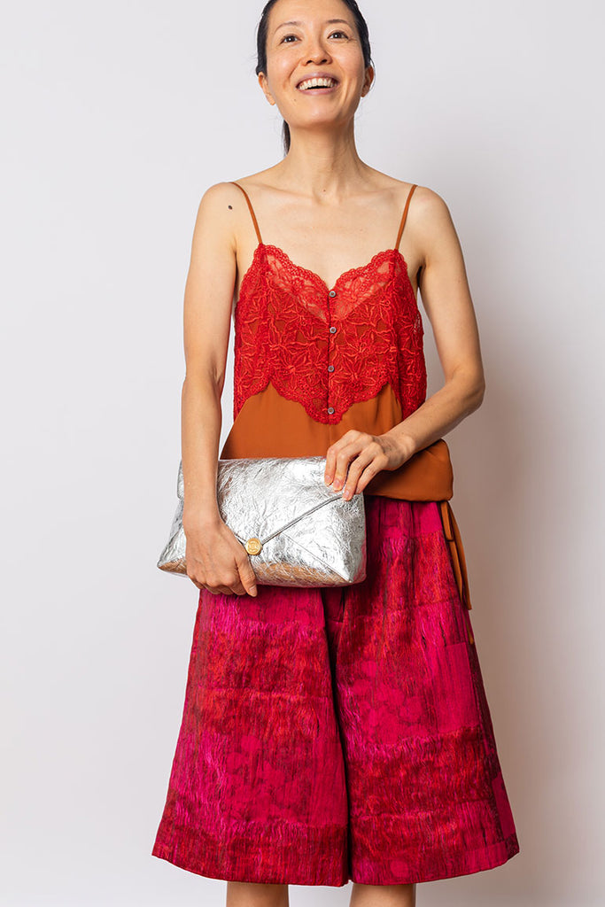 Metallic Crushed Leather Envelope Clutch - Silver