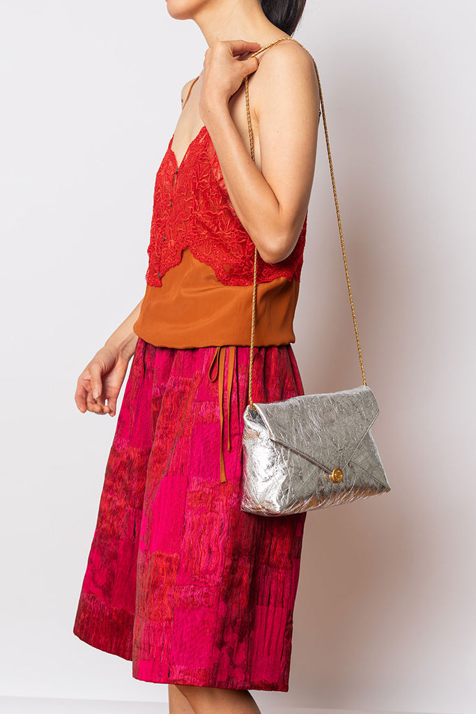 Metallic Crushed Leather Envelope Clutch - Silver