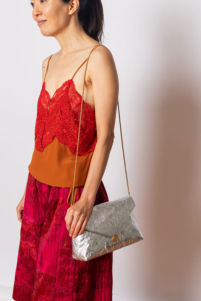 Metallic Crushed Leather Envelope Clutch - Silver
