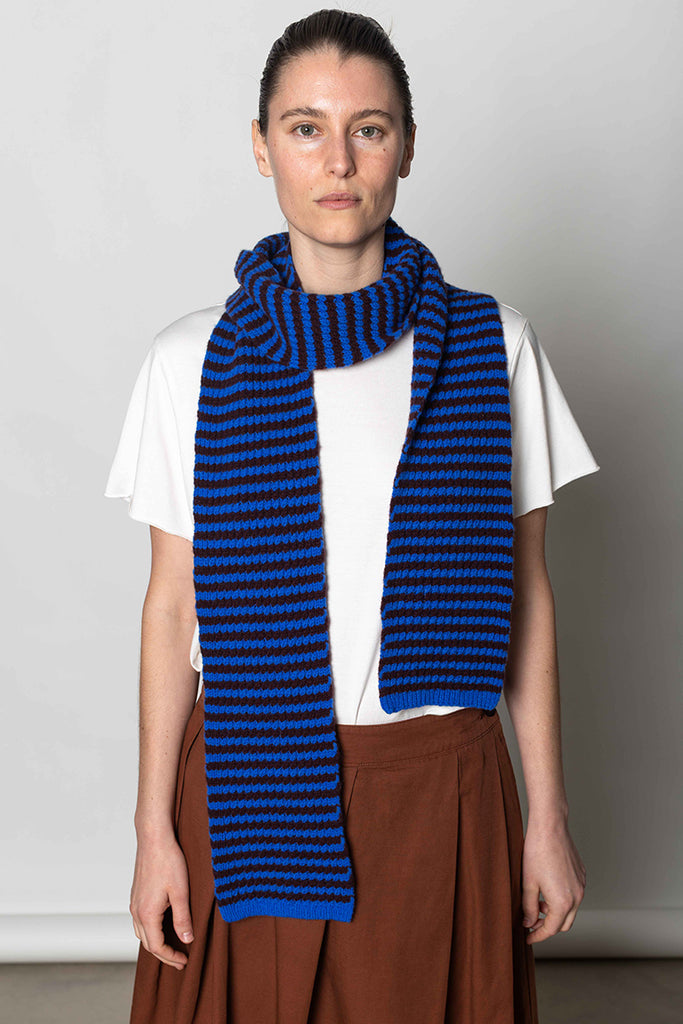 Micro Cable Striped Wool Scarf Cobalt/Prune