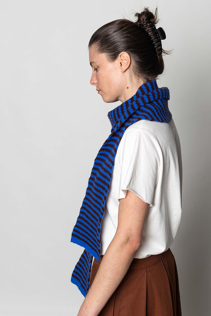 Micro Cable Striped Wool Scarf Cobalt/Prune