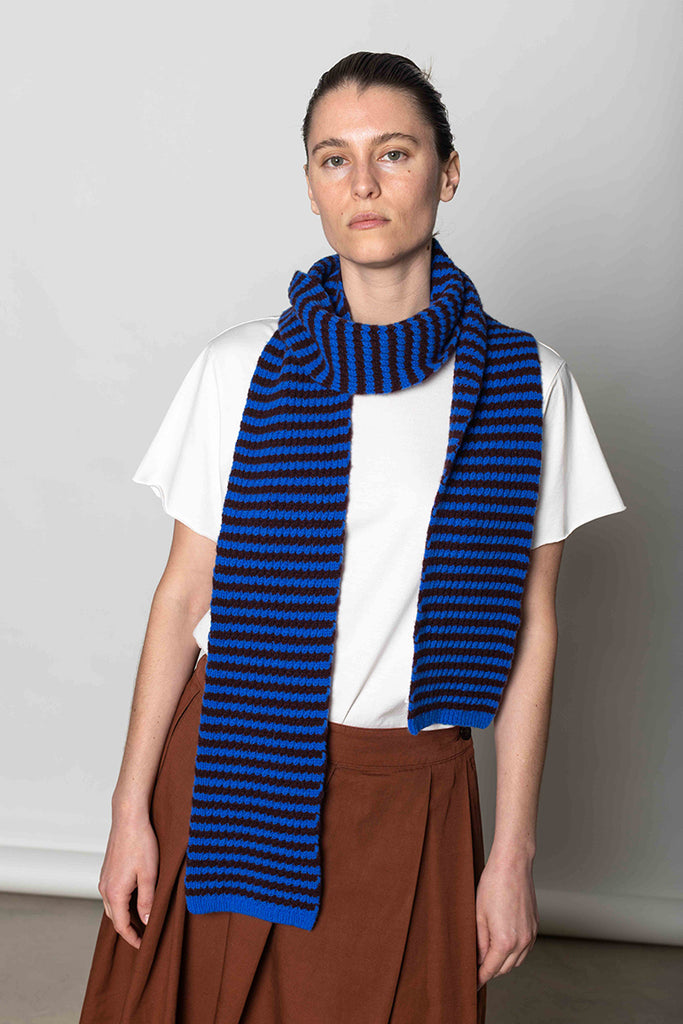 Micro Cable Striped Wool Scarf Cobalt/Prune