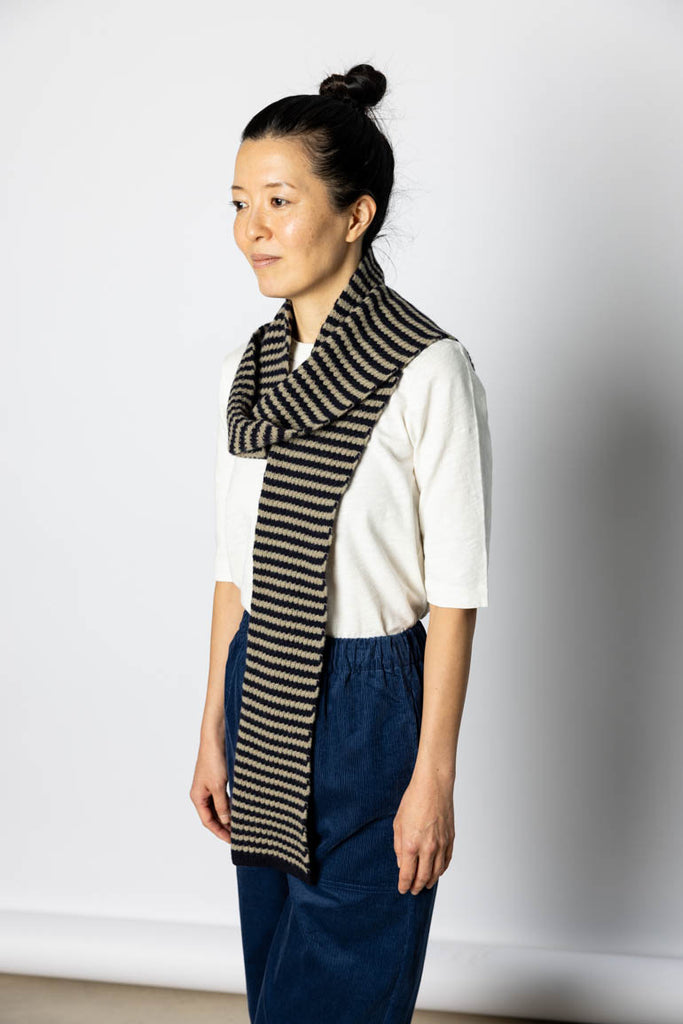 Micro Cable Striped Wool Scarf - Navy/Putty