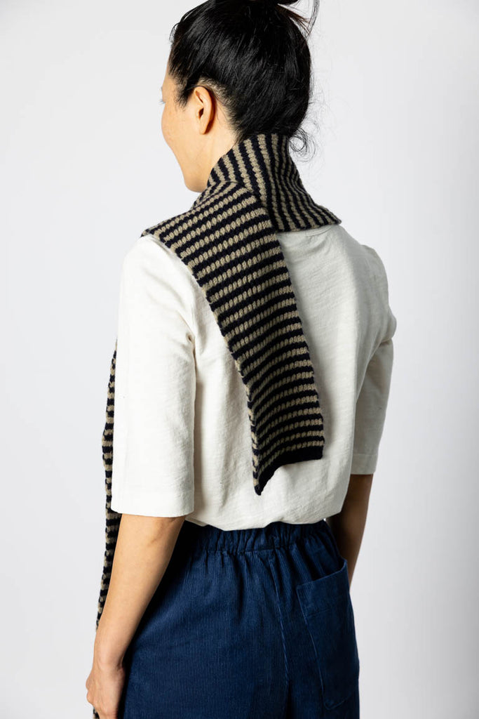 Micro Cable Striped Wool Scarf - Navy/Putty