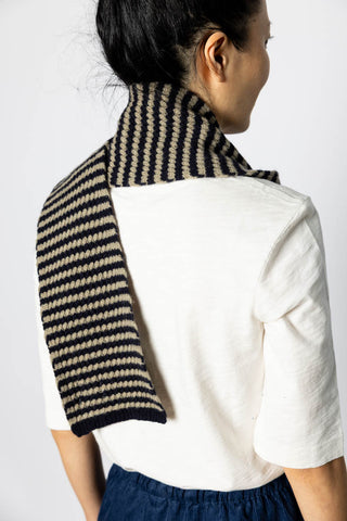 Micro Cable Striped Wool Scarf - Navy/Putty