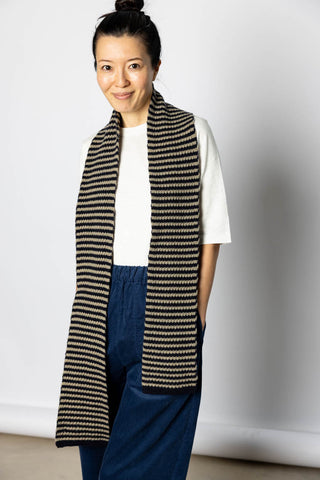 Micro Cable Striped Wool Scarf - Navy/Putty