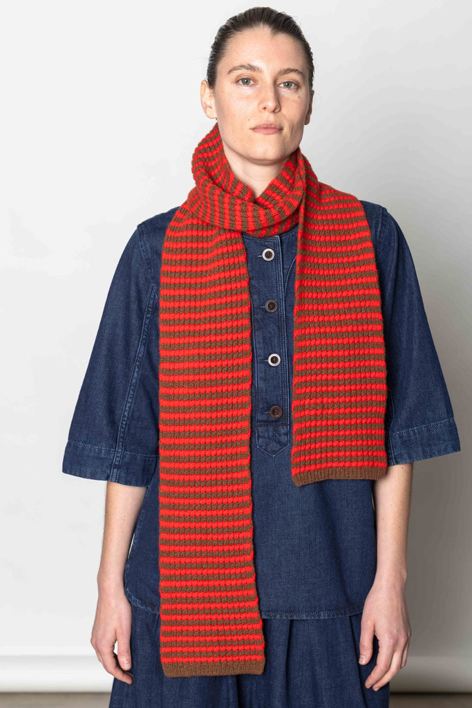 Micro Cable Striped Wool Scarf - Red/Pecan