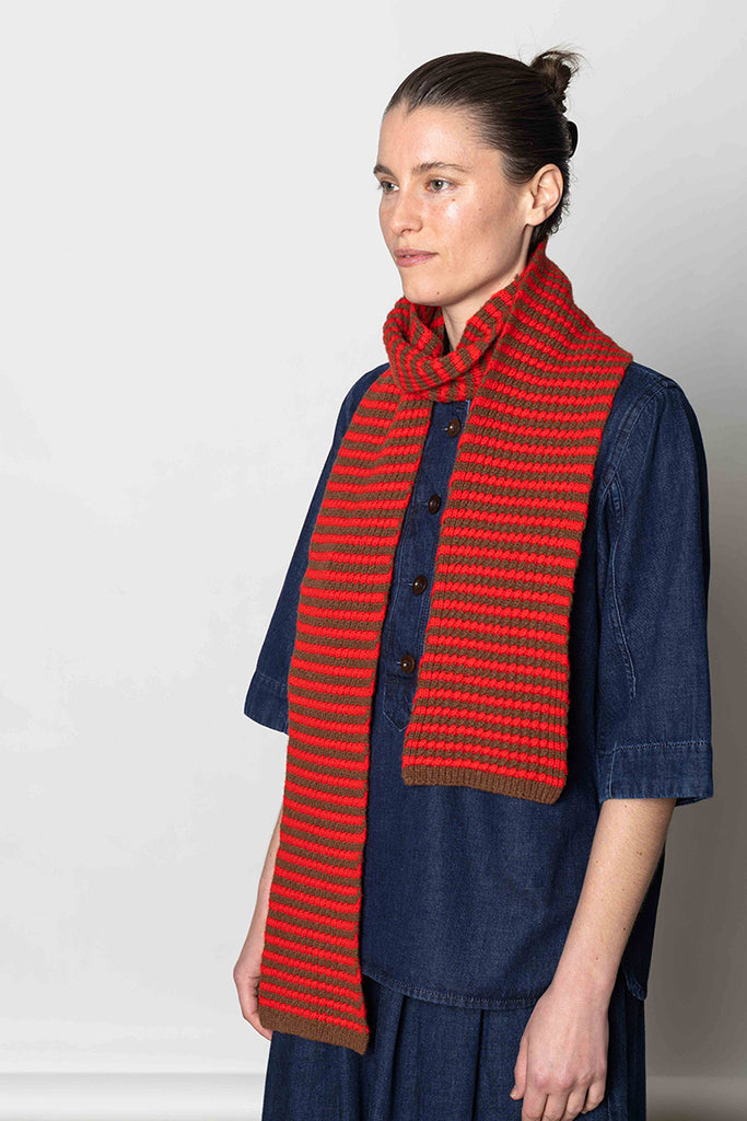 Micro Cable Striped Wool Scarf - Red/Pecan