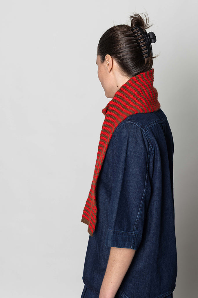 Micro Cable Striped Wool Scarf - Red/Pecan
