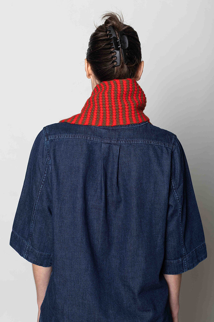 Micro Cable Striped Wool Scarf - Red/Pecan
