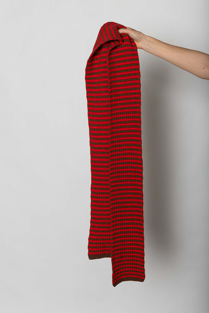 Micro Cable Striped Wool Scarf - Red/Pecan