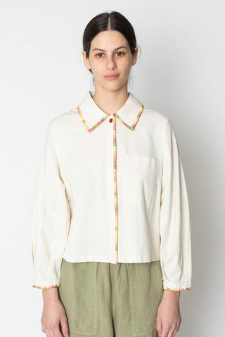 Mixed Embroidery Textured Cotton Shirt - Ecru/Multi