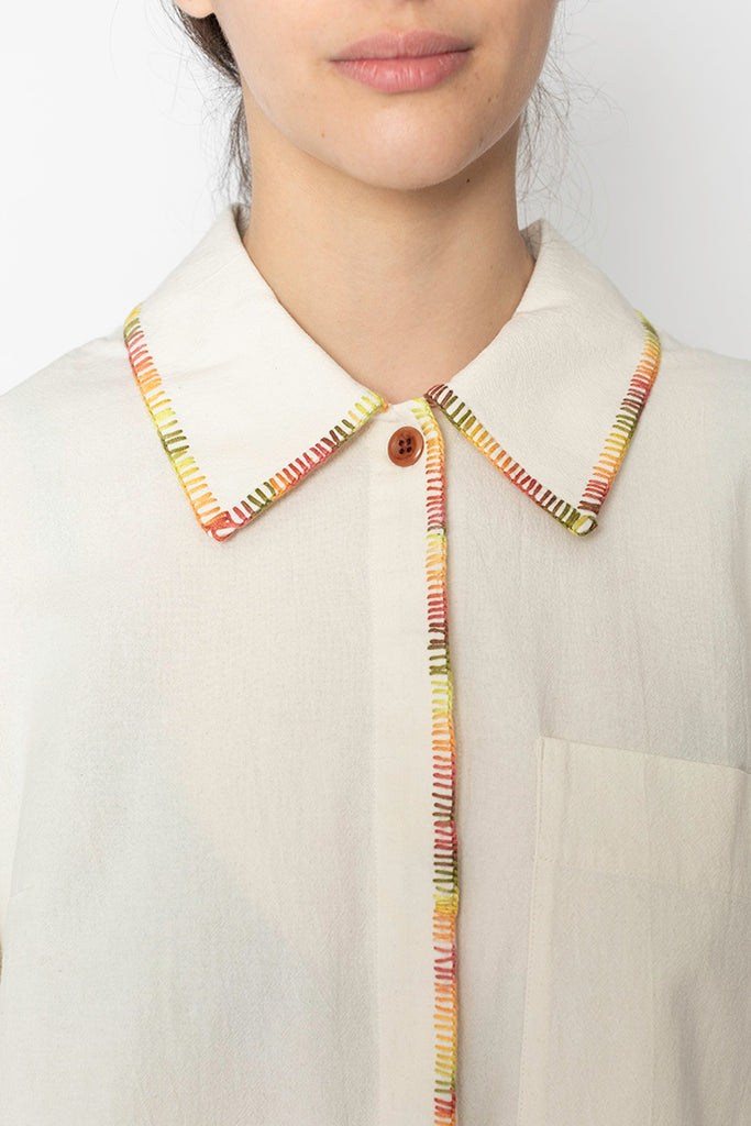 Mixed Embroidery Textured Cotton Shirt - Ecru/Multi