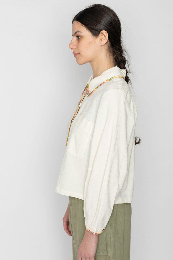 Mixed Embroidery Textured Cotton Shirt - Ecru/Multi