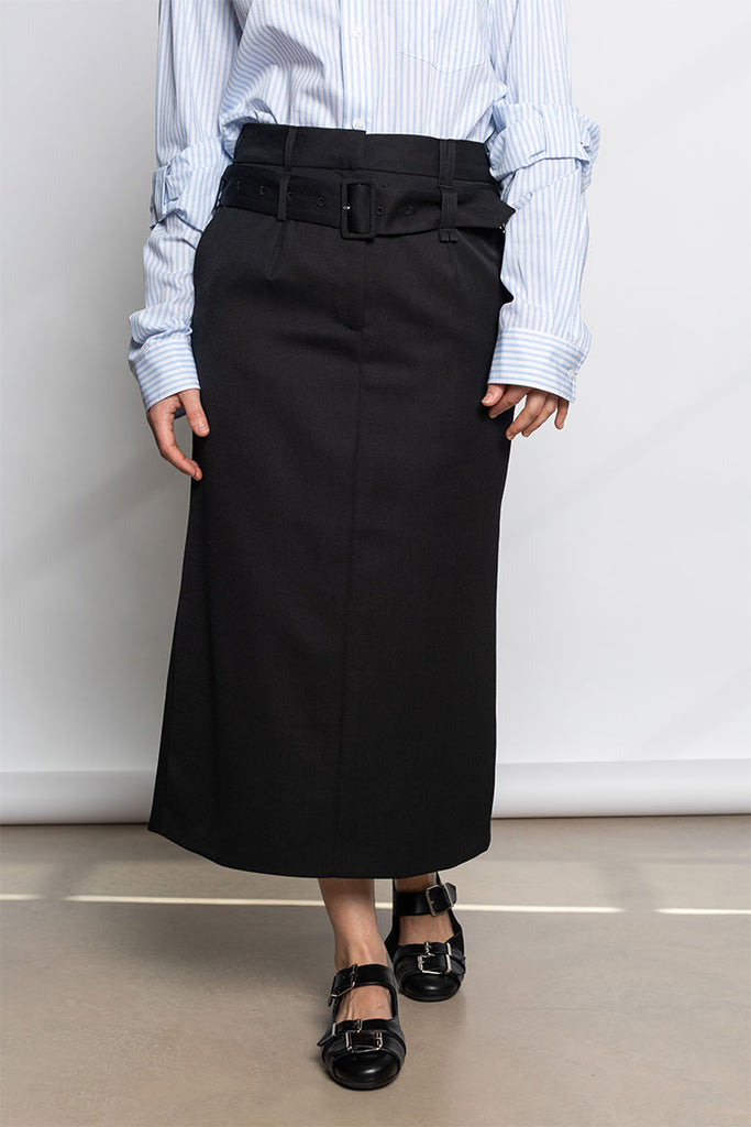 Multi Belt Loop Kick Back Skirt - Black
