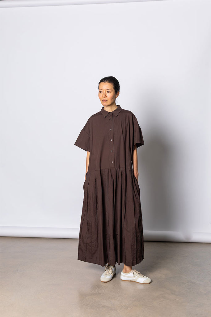 Organic Cotton Pleated Shirt Dress - Cacao