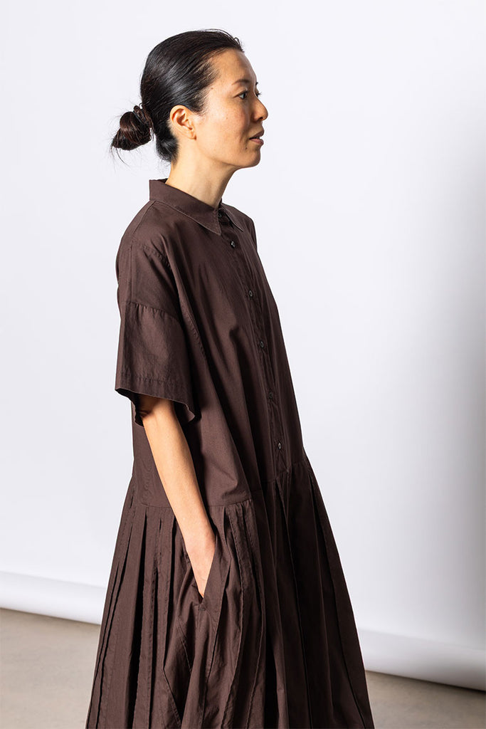 Organic Cotton Pleated Shirt Dress - Cacao