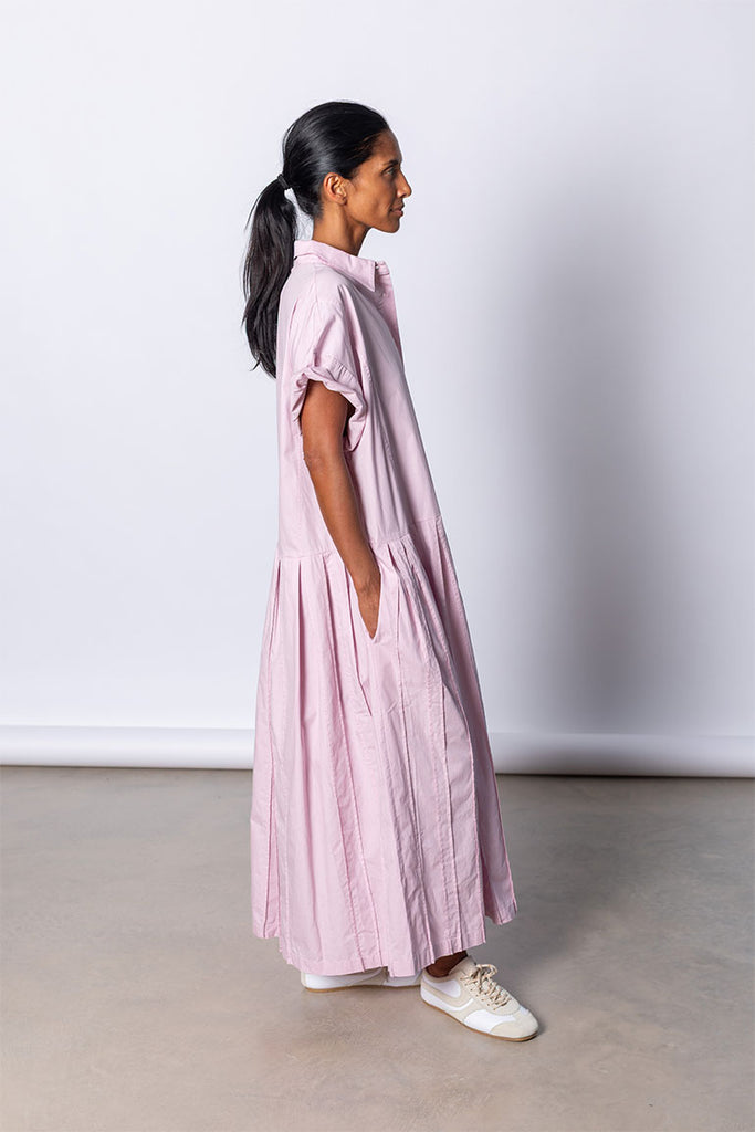 Organic Cotton Pleated Shirt Dress - Dusty Pink