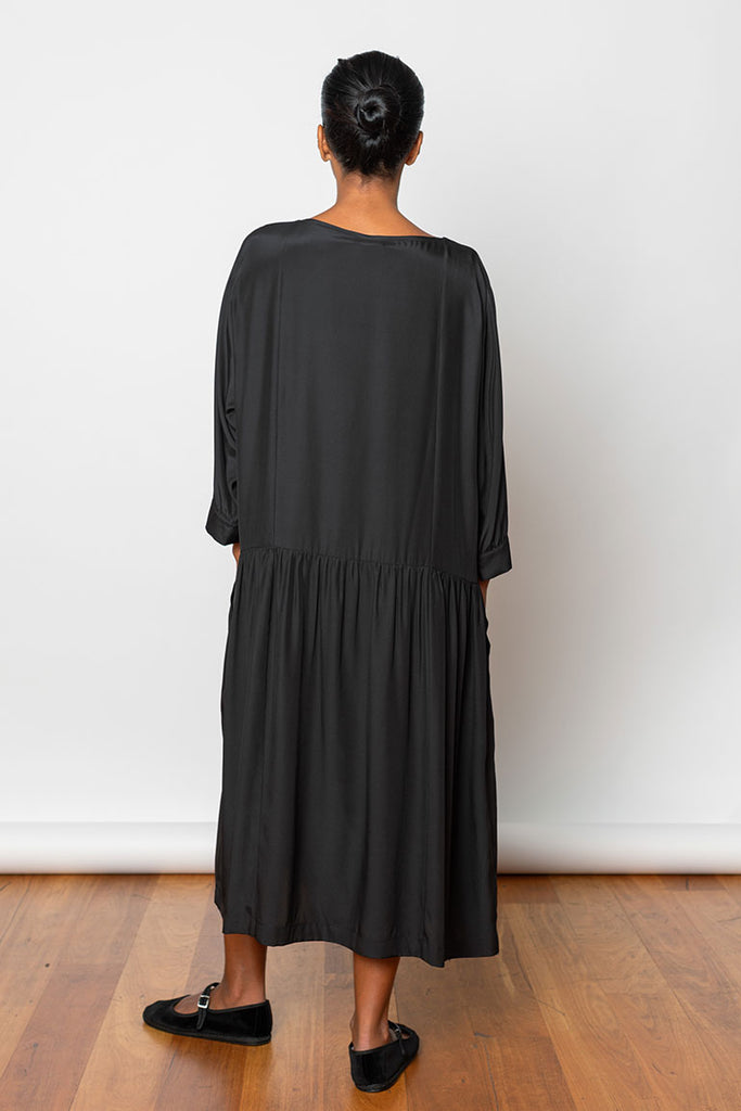 Organic Silk Drop Waist Dress - Black