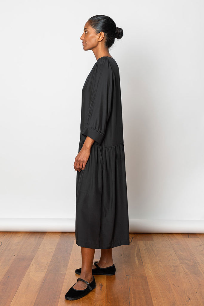 Organic Silk Drop Waist Dress - Black