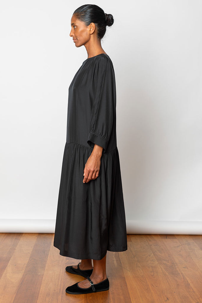 Organic Silk Drop Waist Dress - Black