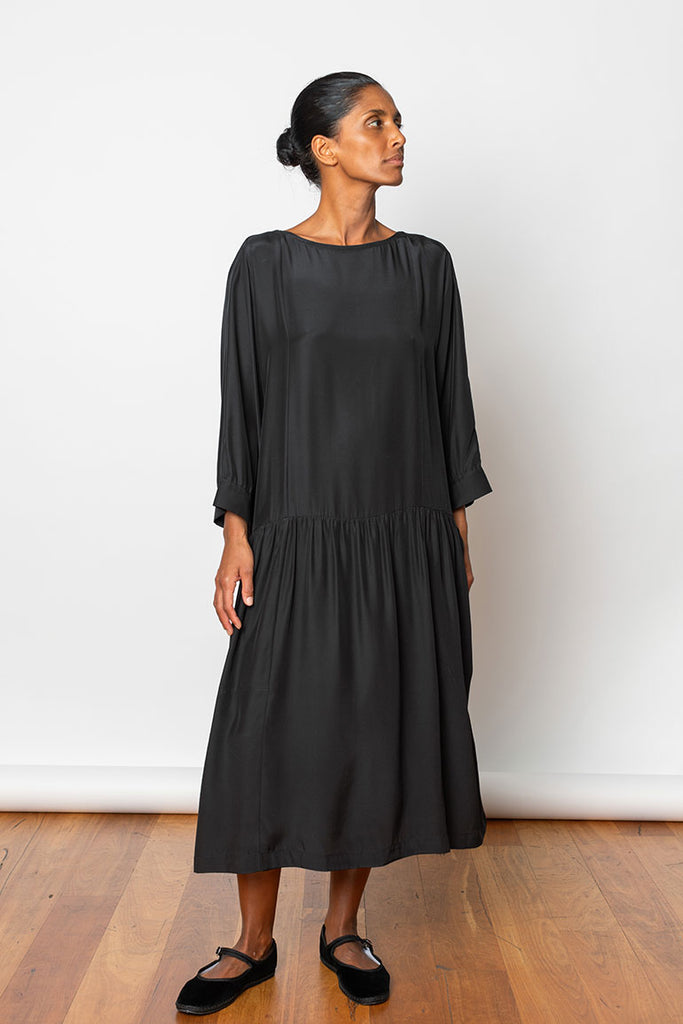 Organic Silk Drop Waist Dress - Black