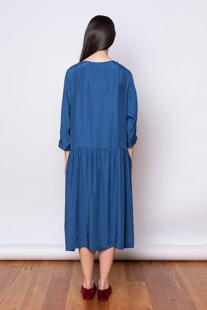 Organic Silk Drop Waist Dress - Indigo