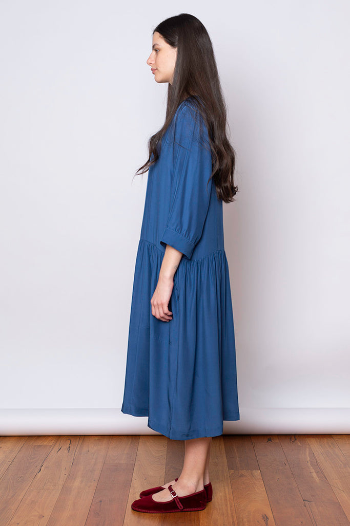 Organic Silk Drop Waist Dress - Indigo