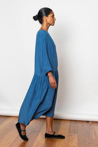 Organic Silk Drop Waist Dress - Indigo